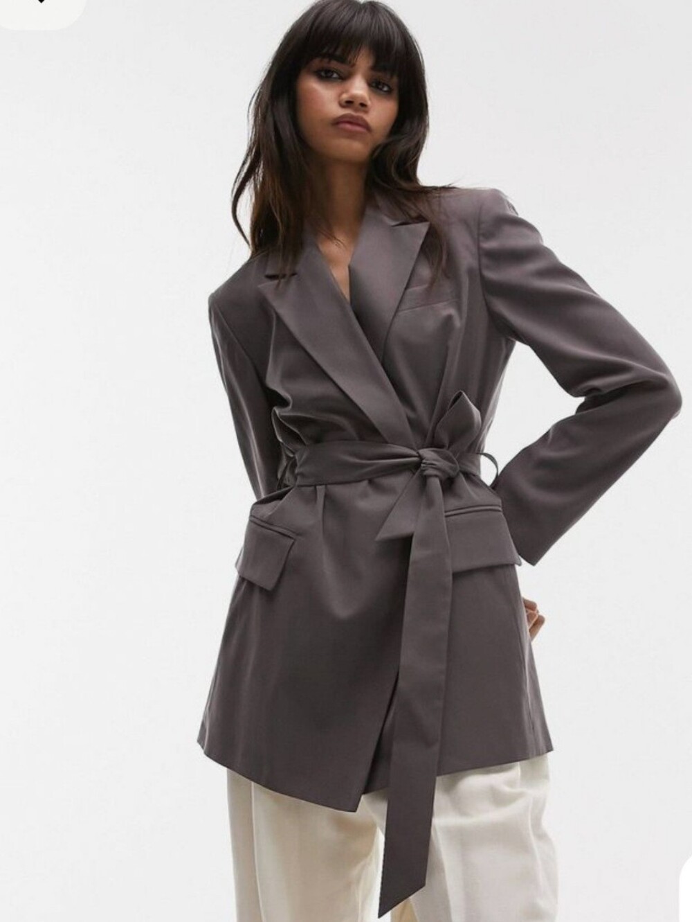 Topshop Casual Belted Longline Blazer Charcoal Gray Sz US 10